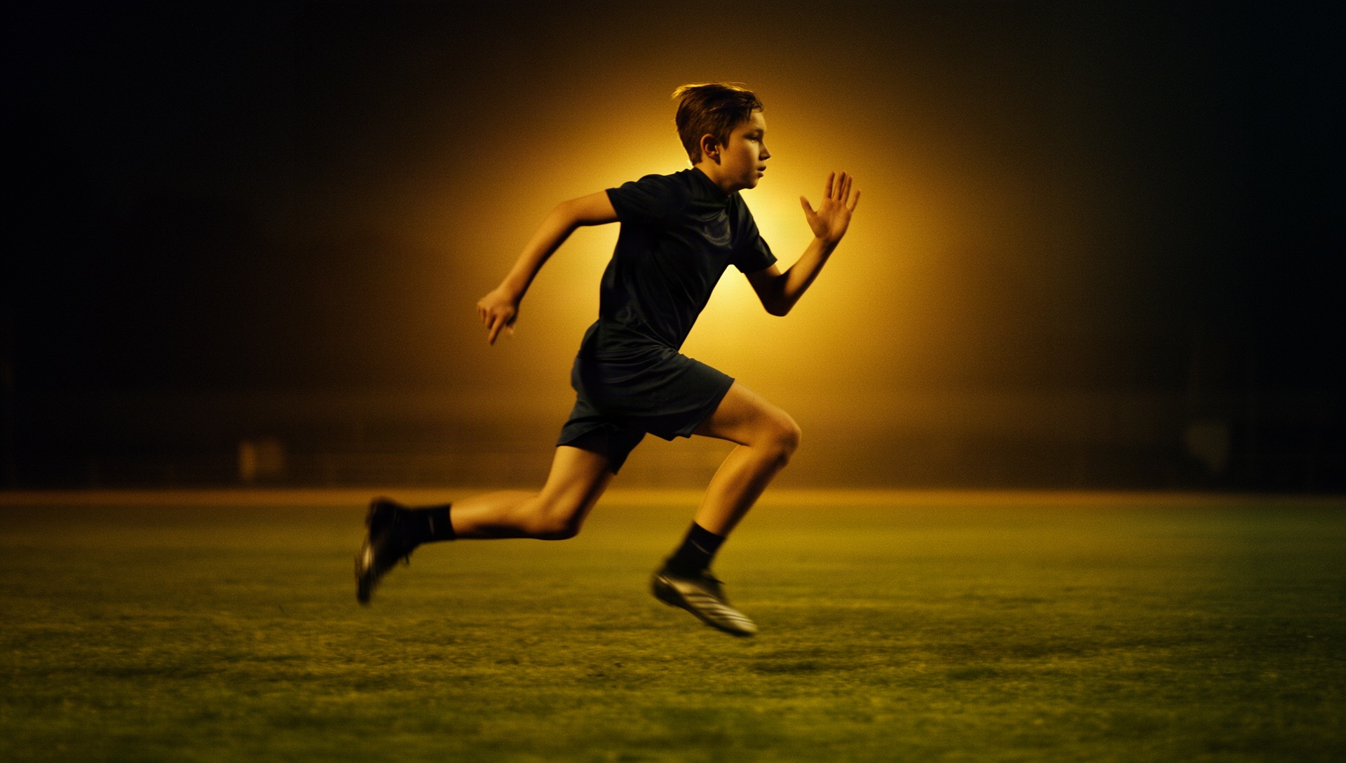 Athlete at full sprint under floodlights